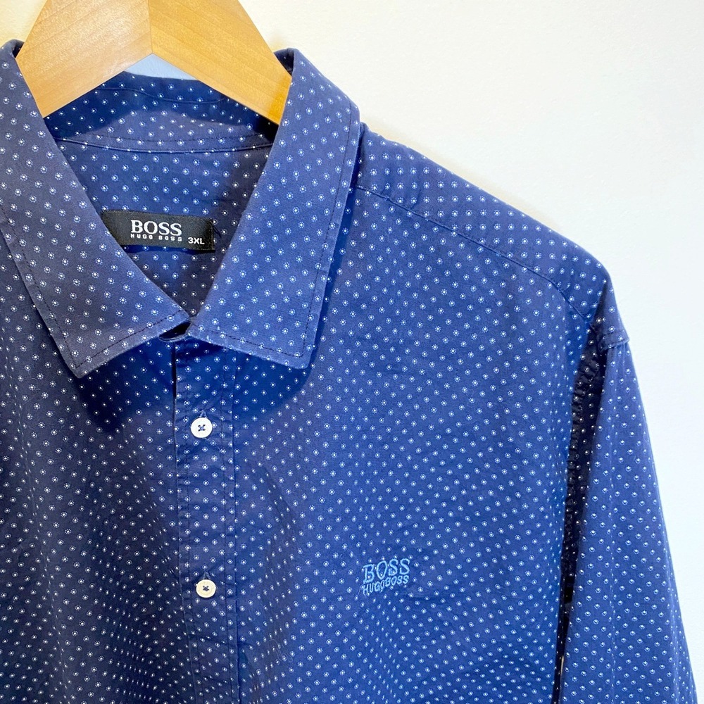 Hugo Boss Button Down Shirt Mens 3XL Blue Micro Floral Print Long Sleeve